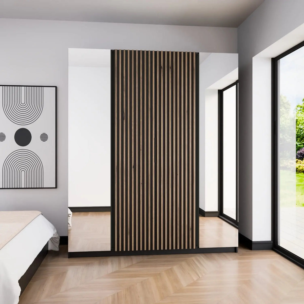 Szafa MILLA 200cm Czarna Dąb Evoke – Lamelowa z 2 Lustrami, 4-Drzwiowa Milo Furniture