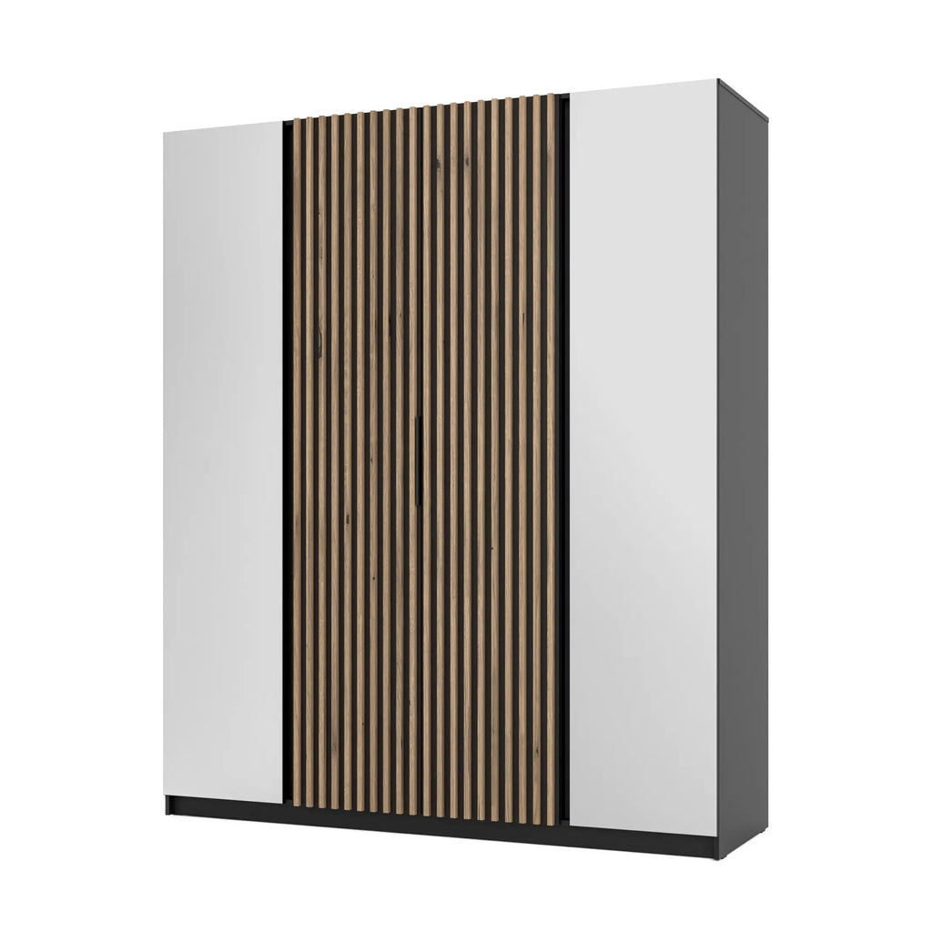 Szafa MILLA 200cm Czarna Dąb Evoke – Lamelowa z 2 Lustrami, 4-Drzwiowa Milo Furniture