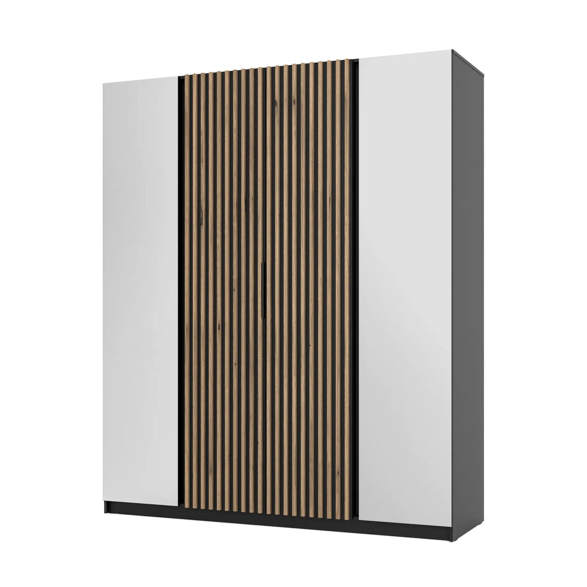 Szafa MILLA 200cm Czarna Dąb Evoke – Lamelowa z 2 Lustrami, 4-Drzwiowa Milo Furniture