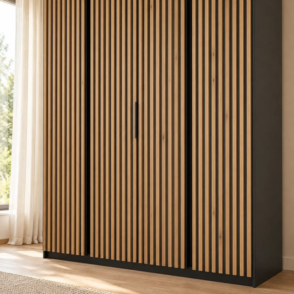 Szafa MILLA 200cm Czarna Dąb Evoke – Lamelowa 4-Drzwiowa do Sypialni Milo Furniture