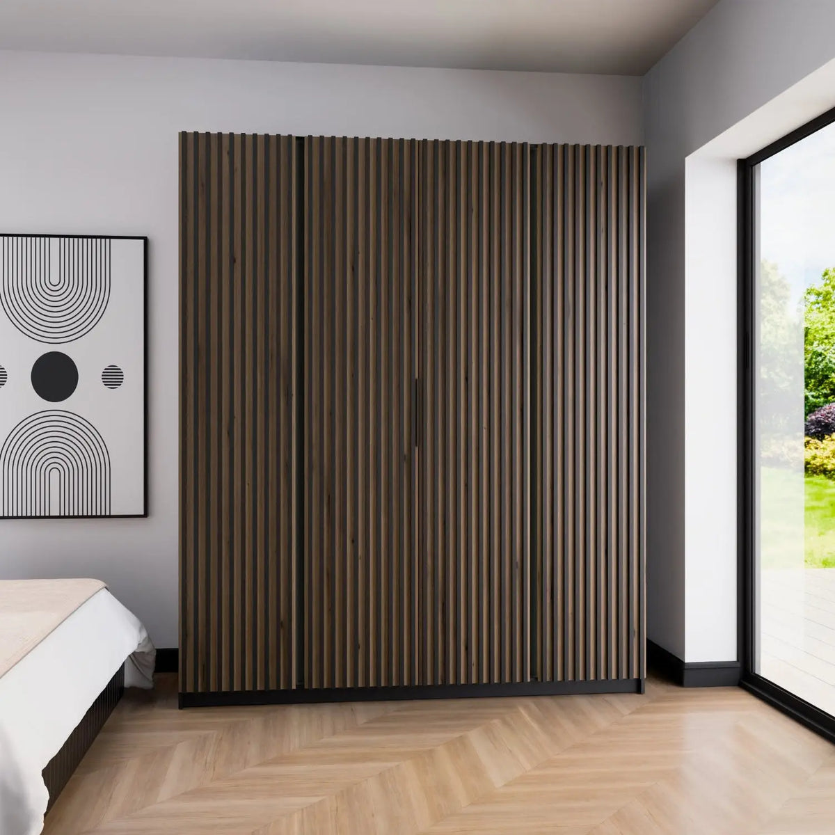 Szafa MILLA 200cm Czarna Dąb Evoke – Lamelowa 4-Drzwiowa do Sypialni Milo Furniture