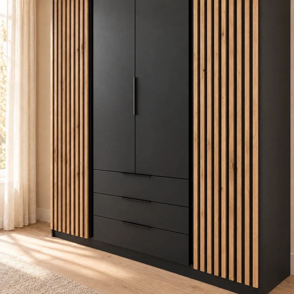 Szafa MILLA 200cm Czarna z Lamelami Dąb Evoke – 4 Drzwi i 3 Szuflady Milo Furniture