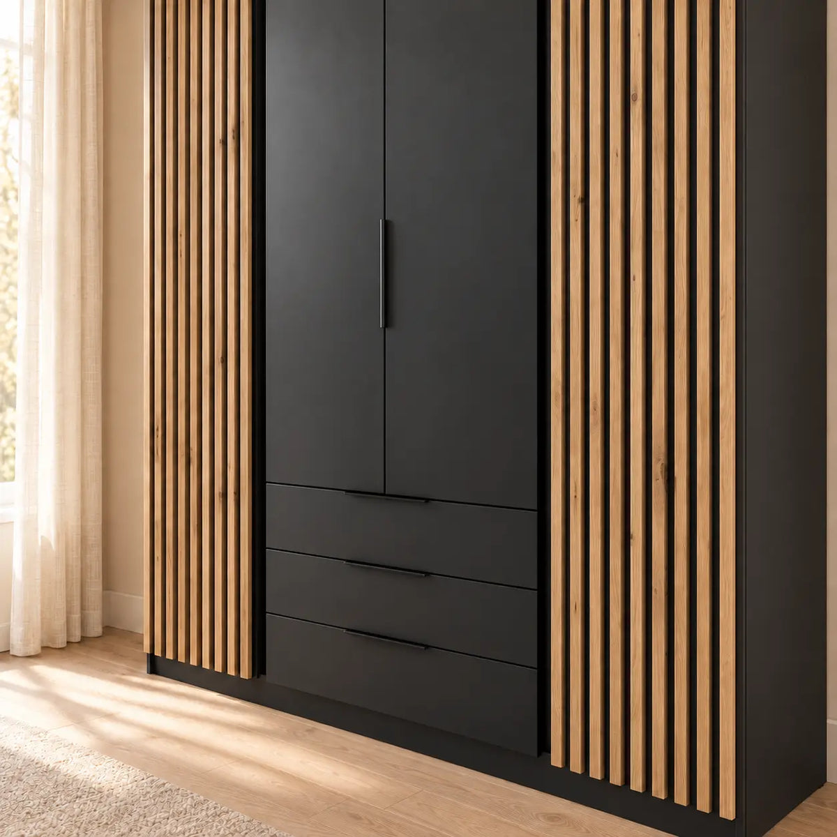 Szafa MILLA 200cm Czarna z Lamelami Dąb Evoke – 4 Drzwi i 3 Szuflady Milo Furniture