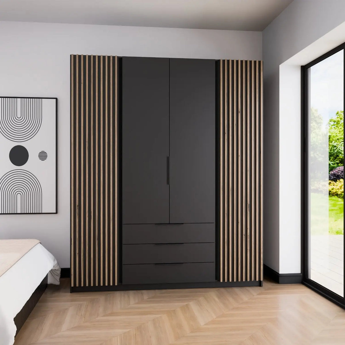 Szafa MILLA 200cm Czarna z Lamelami Dąb Evoke – 4 Drzwi i 3 Szuflady Milo Furniture