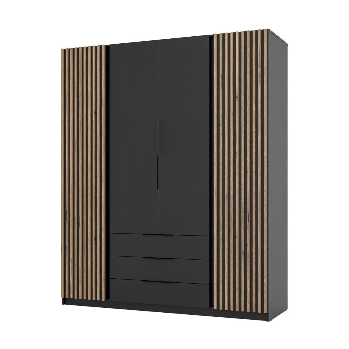 Szafa MILLA 200cm Czarna z Lamelami Dąb Evoke – 4 Drzwi i 3 Szuflady Milo Furniture