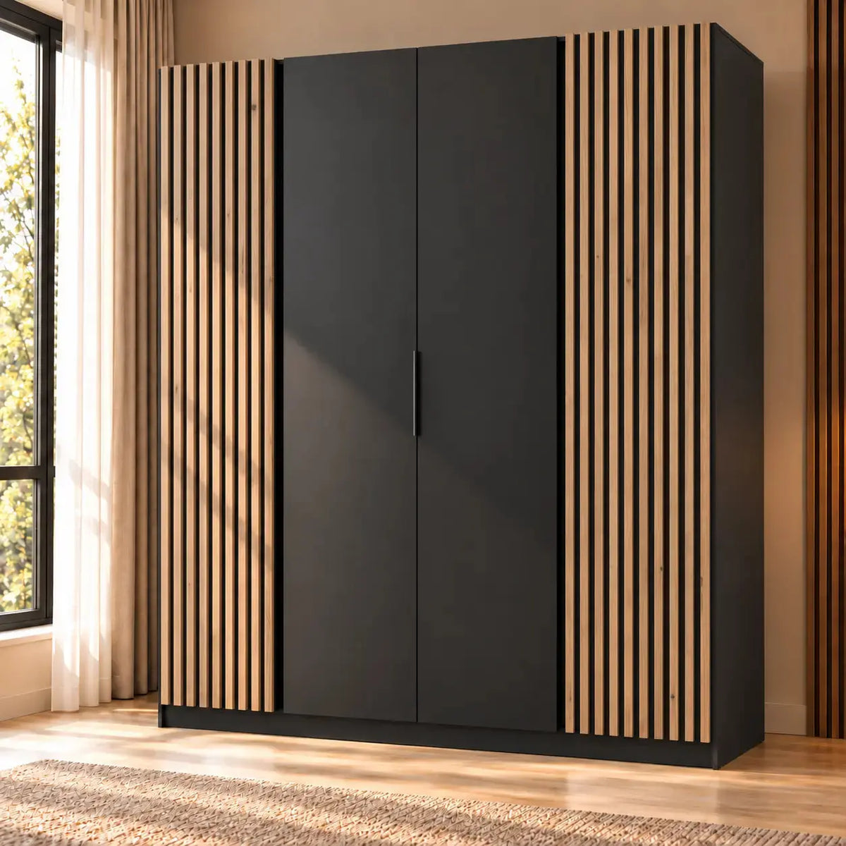 Tytuł produktu: Szafa MILLA 200cm Czarna z Lamelami Dąb Evoke – 4 Drzwi Bez Szuflad Milo Furniture