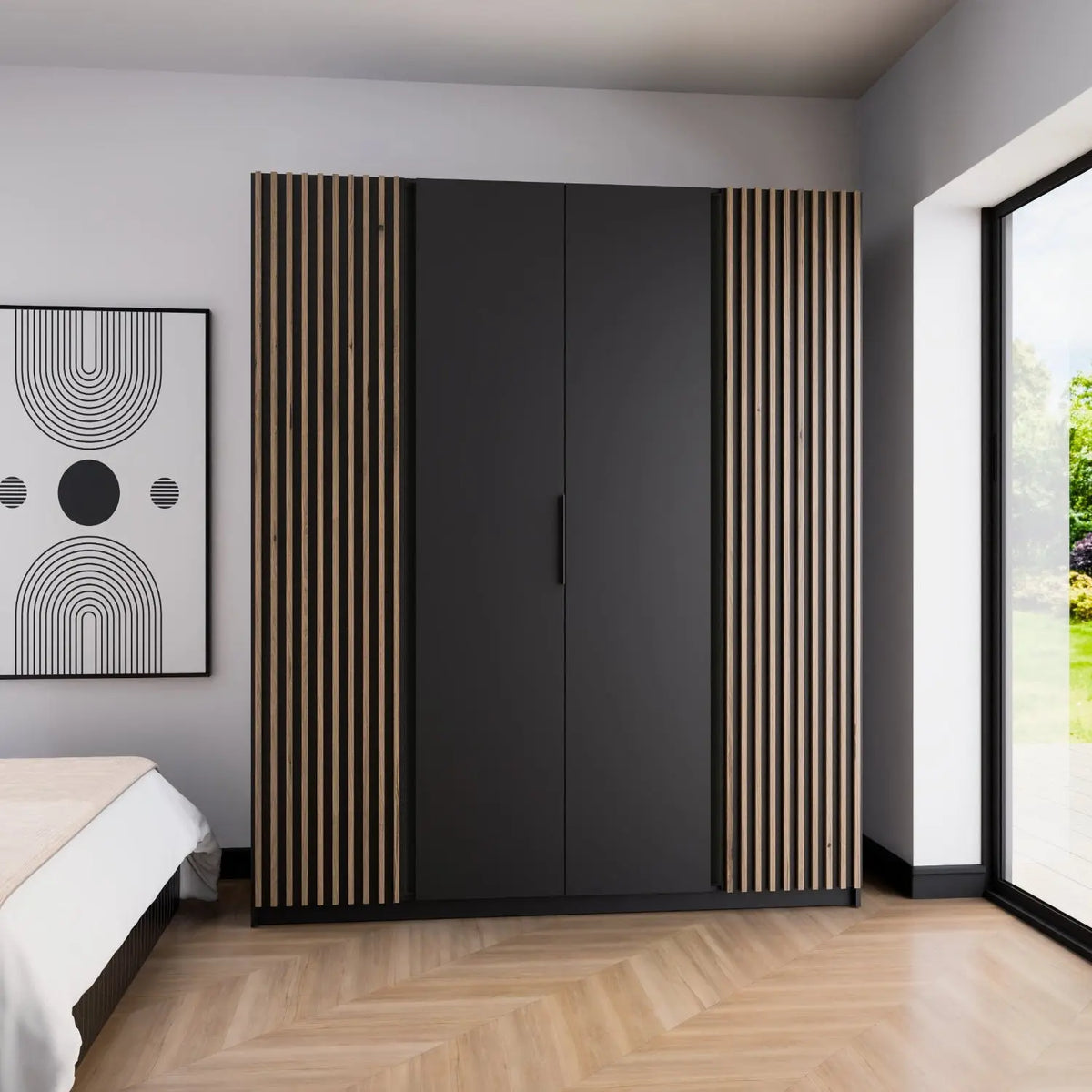 Tytuł produktu: Szafa MILLA 200cm Czarna z Lamelami Dąb Evoke – 4 Drzwi Bez Szuflad Milo Furniture