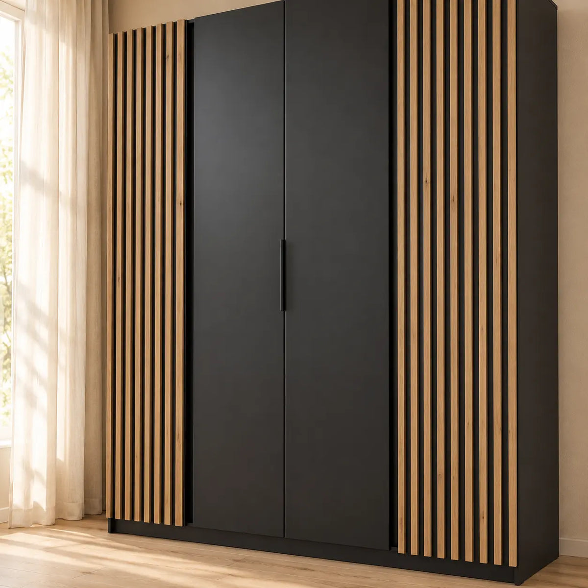 Tytuł produktu: Szafa MILLA 200cm Czarna z Lamelami Dąb Evoke – 4 Drzwi Bez Szuflad Milo Furniture