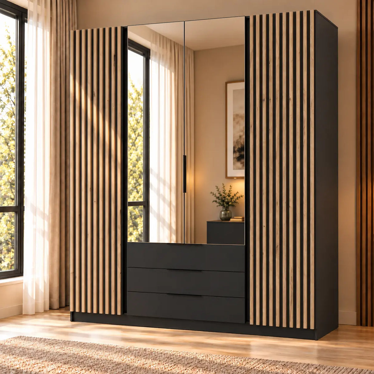 Szafa MILLA 200cm Czarna z Lustrami i Lamelami Dąb Evoke – 3 Szuflady Milo Furniture