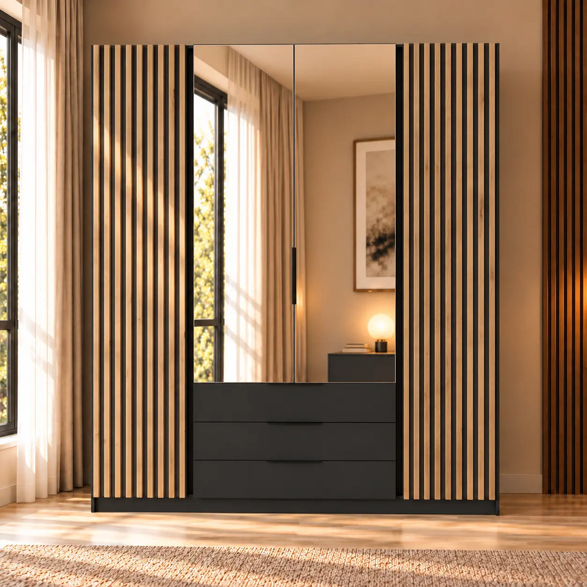 Szafa MILLA 200cm Czarna z Lustrami i Lamelami Dąb Evoke – 3 Szuflady Milo Furniture