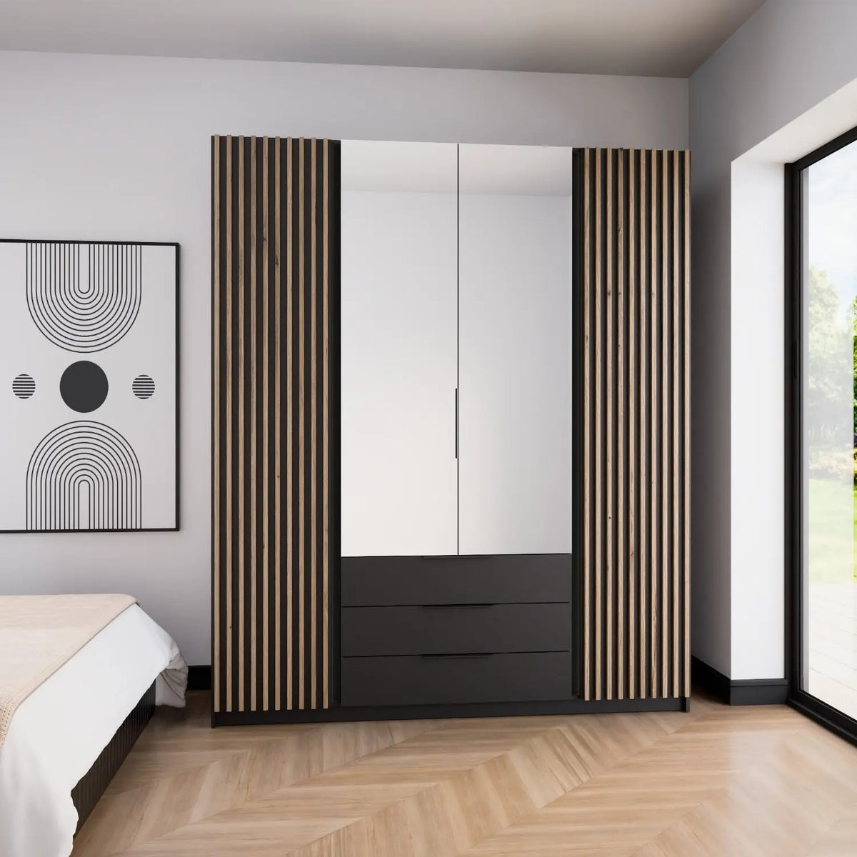 Szafa MILLA 200cm Czarna z Lustrami i Lamelami Dąb Evoke – 3 Szuflady Milo Furniture