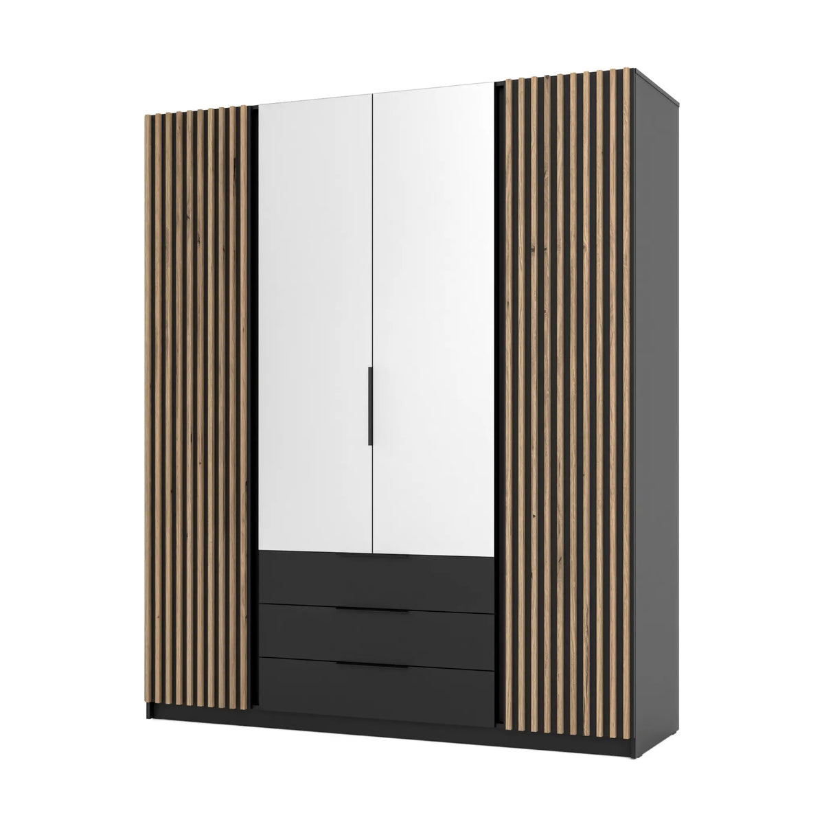 Szafa MILLA 200cm Czarna z Lustrami i Lamelami Dąb Evoke – 3 Szuflady Milo Furniture