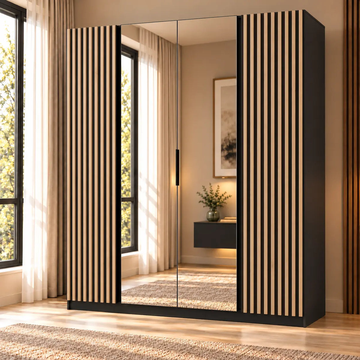 Szafa MILLA 200cm Czarna z Lustrami i Lamelami Dąb Evoke – 4 Drzwi Milo Furniture