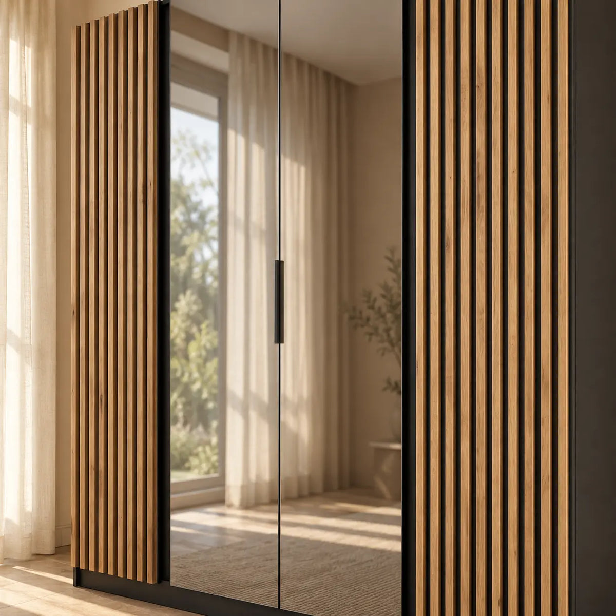 Szafa MILLA 200cm Czarna z Lustrami i Lamelami Dąb Evoke – 4 Drzwi Milo Furniture