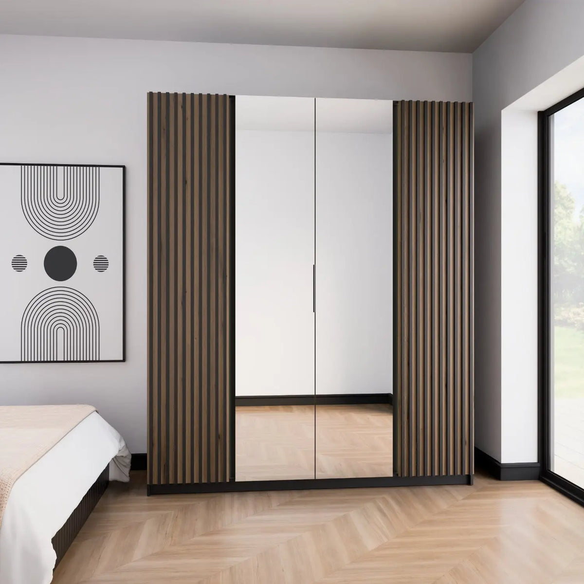 Szafa MILLA 200cm Czarna z Lustrami i Lamelami Dąb Evoke – 4 Drzwi Milo Furniture