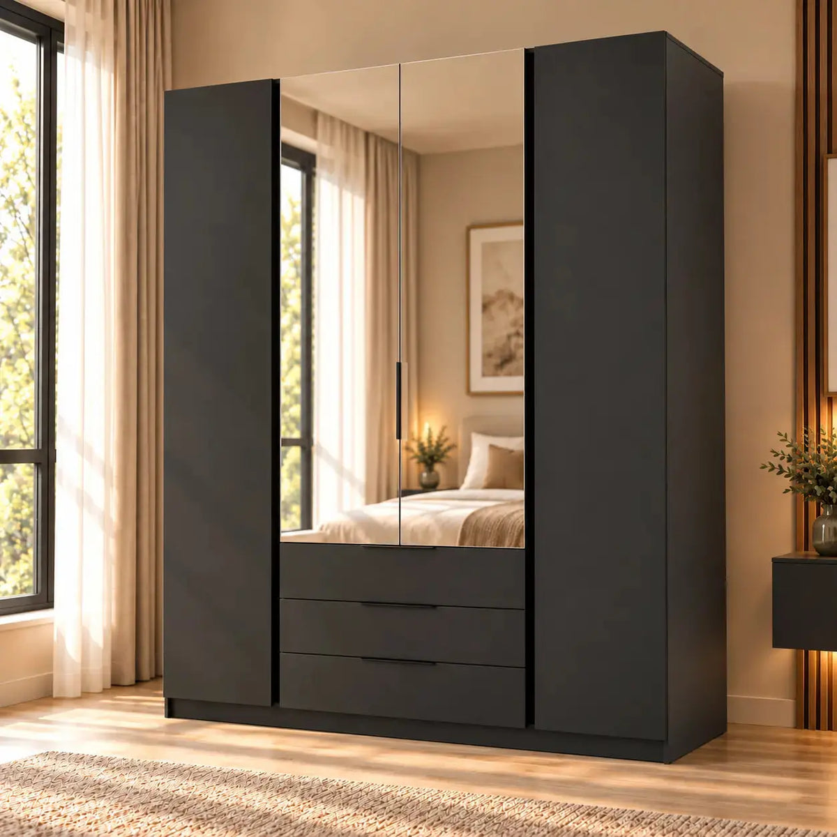 Szafa MILLA 200cm Czarna z Lustrem i 3 Szufladami – 4 Drzwi Milo Furniture