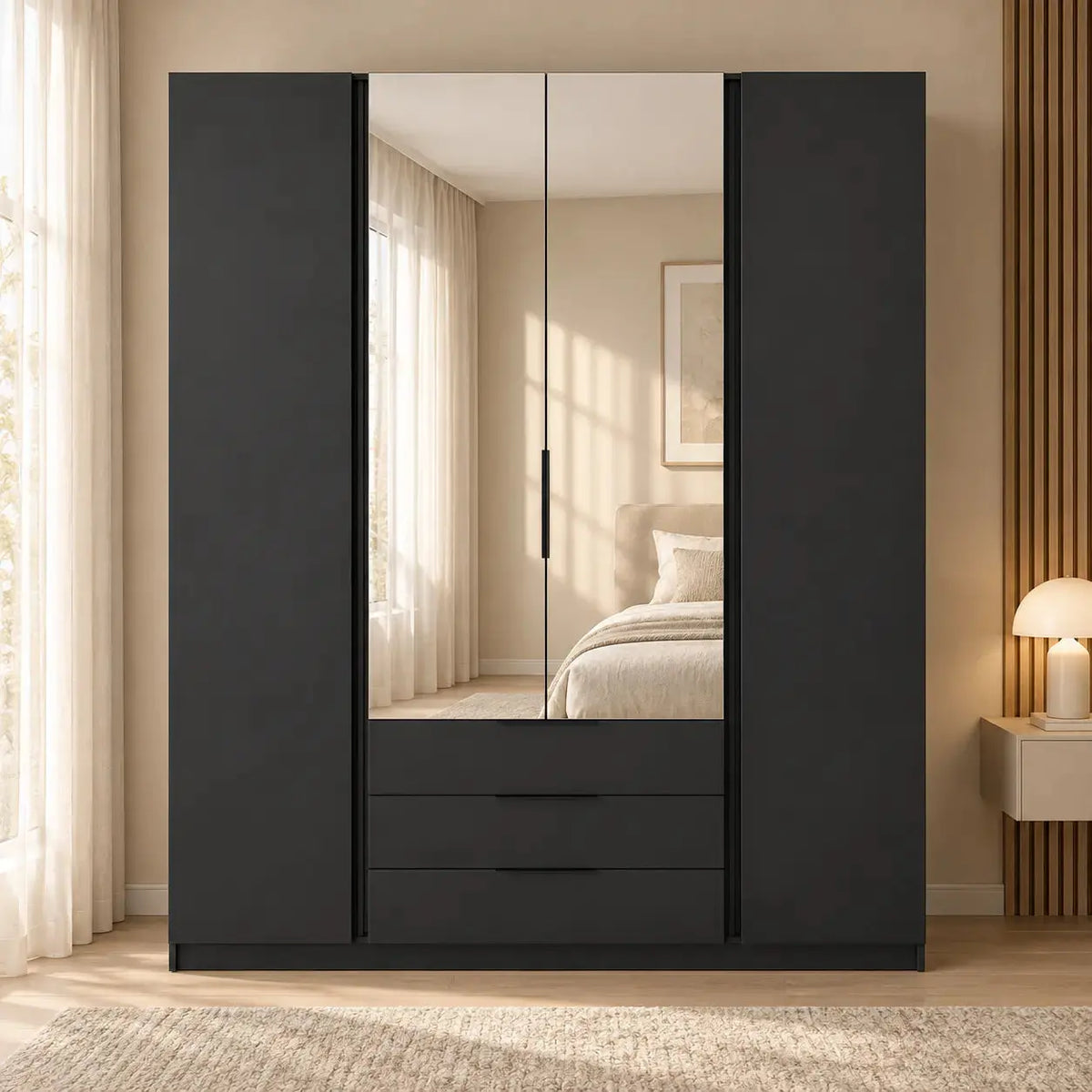 Szafa MILLA 200cm Czarna z Lustrem i 3 Szufladami – 4 Drzwi Milo Furniture