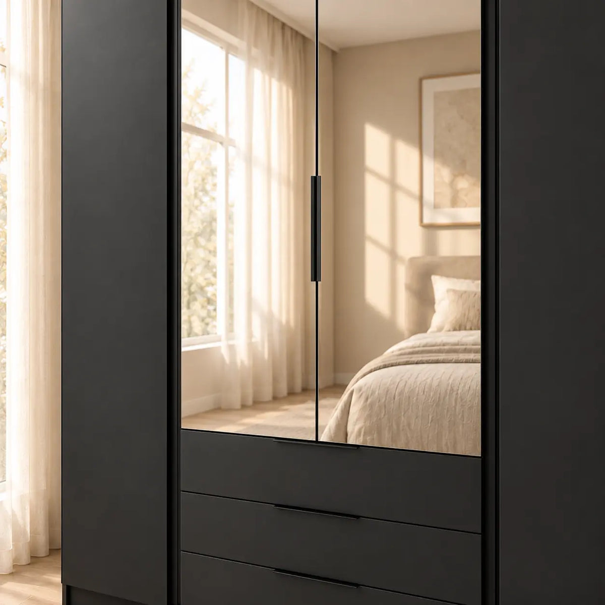 Szafa MILLA 200cm Czarna z Lustrem i 3 Szufladami – 4 Drzwi Milo Furniture