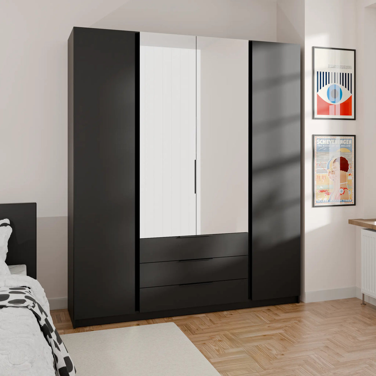 Szafa MILLA 200cm Czarna z Lustrem i 3 Szufladami – 4 Drzwi Milo Furniture