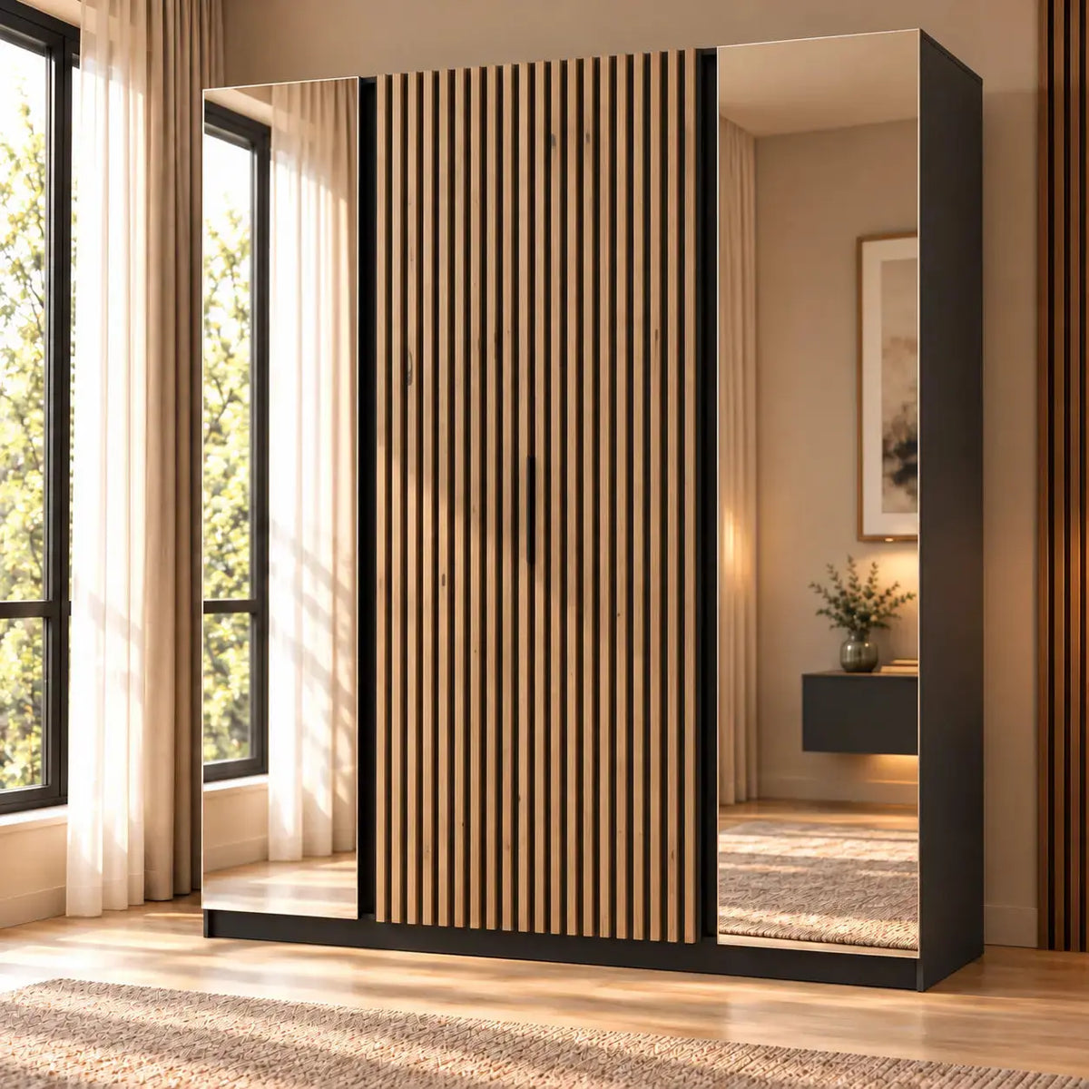 Szafa MILLA 200cm Czarna z Lustrem i Lamelami Dąb Evoke – 4 Drzwi Milo Furniture