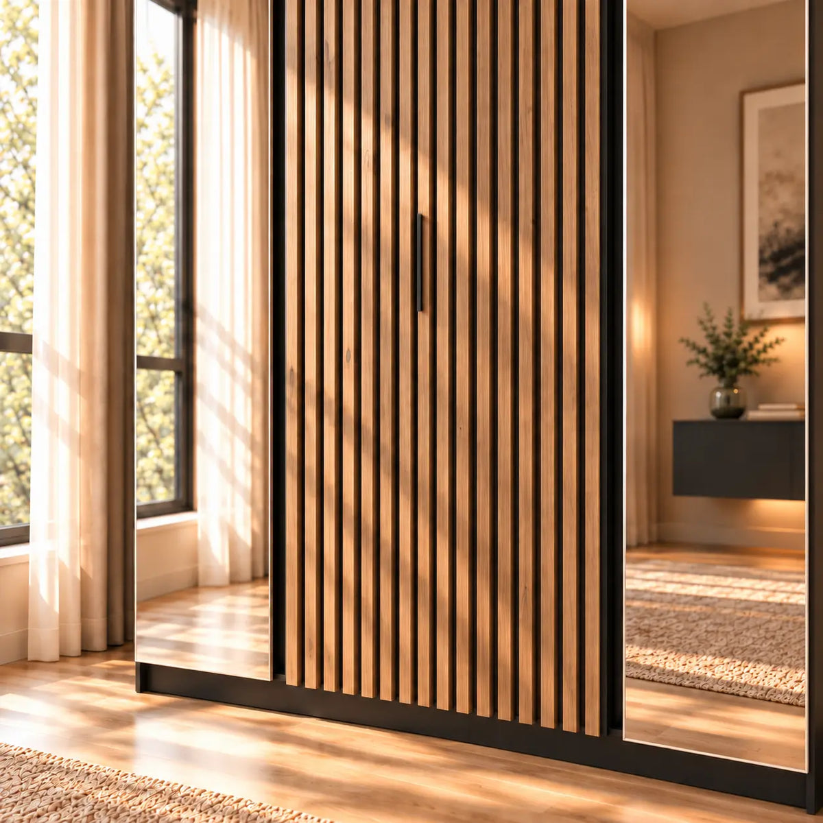 Szafa MILLA 200cm Czarna z Lustrem i Lamelami Dąb Evoke – 4 Drzwi Milo Furniture