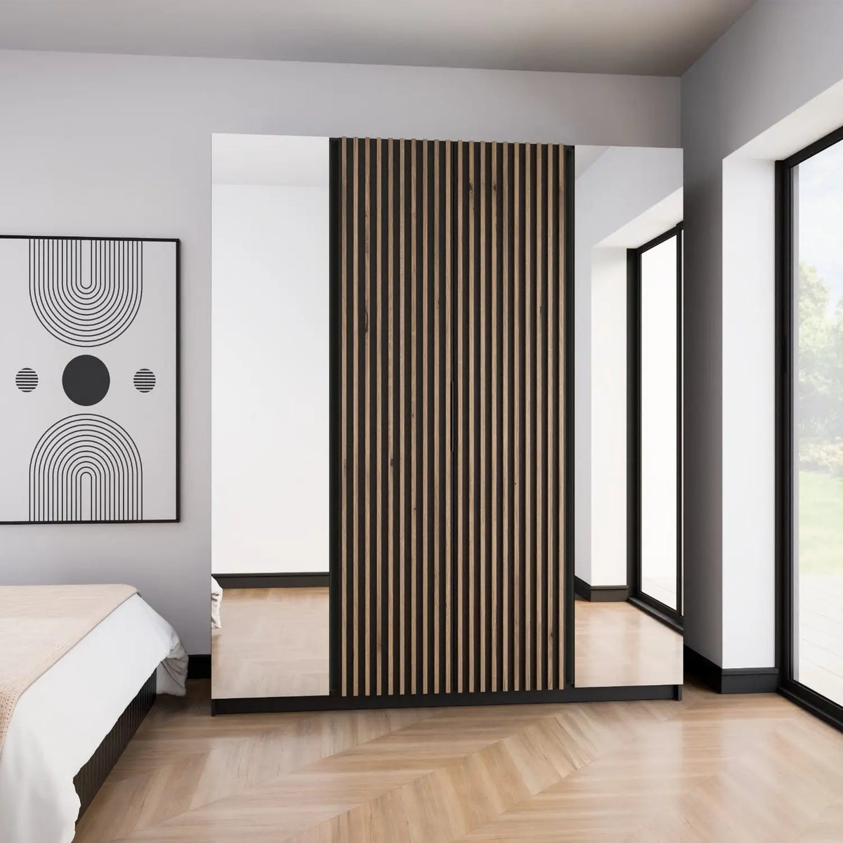 Szafa MILLA 200cm Czarna z Lustrem i Lamelami Dąb Evoke – 4 Drzwi Milo Furniture