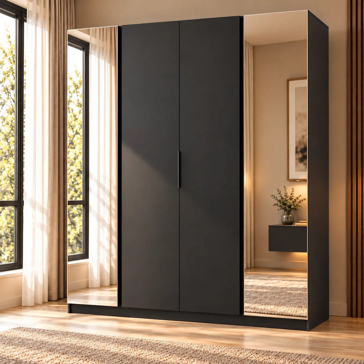 Szafa MILLA 200cm Czarna z Lustrem – 4 Drzwi, 11 Półek i Drążek Milo Furniture