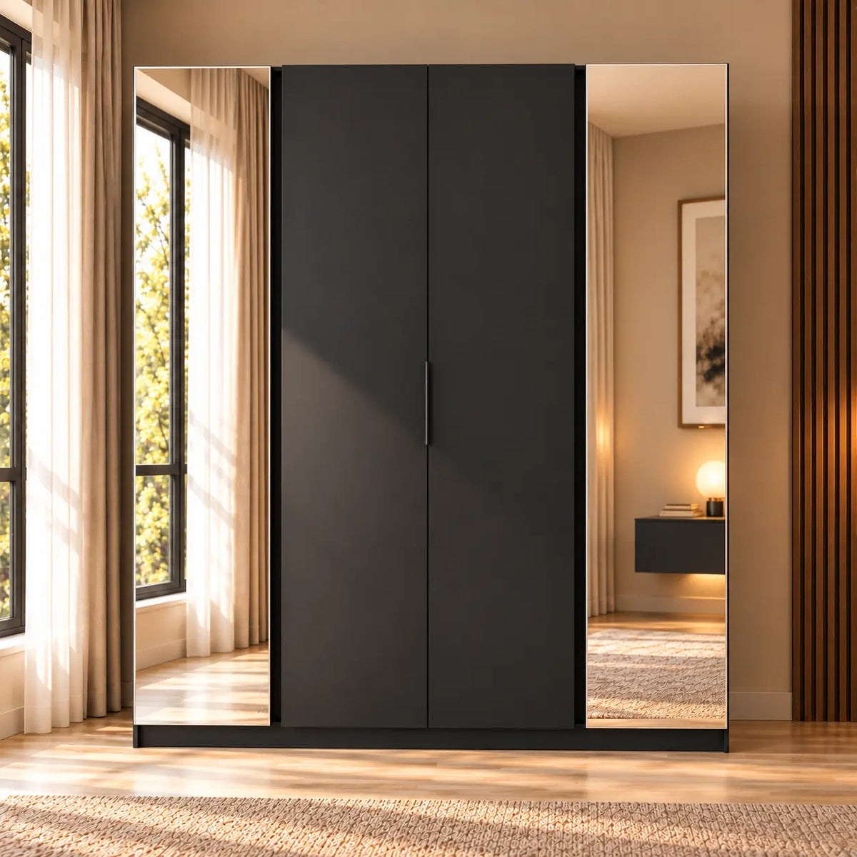 Szafa MILLA 200cm Czarna z Lustrem – 4 Drzwi, 11 Półek i Drążek Milo Furniture