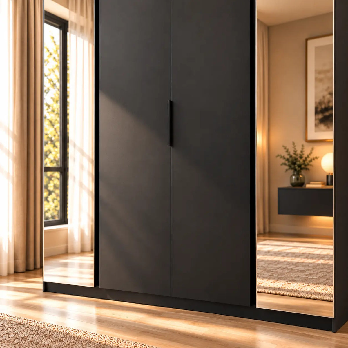 Szafa MILLA 200cm Czarna z Lustrem – 4 Drzwi, 11 Półek i Drążek Milo Furniture