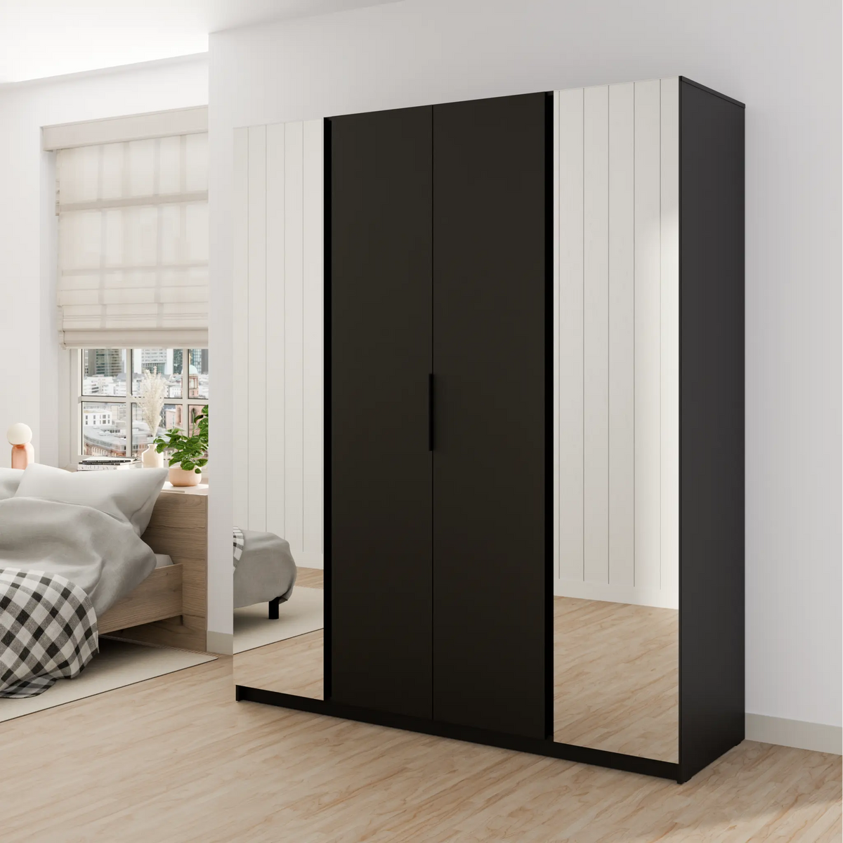 Szafa MILLA 200cm Czarna z Lustrem – 4 Drzwi, 11 Półek i Drążek Milo Furniture
