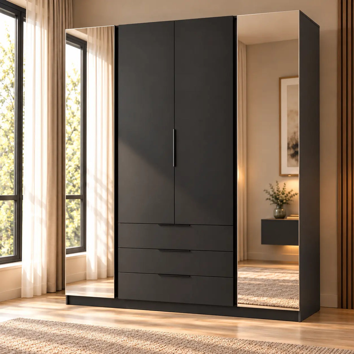Szafa MILLA 200cm Czarna z Lustrem – 4 Drzwi, 3 Szuflady i Cichy Domyk Milo Furniture