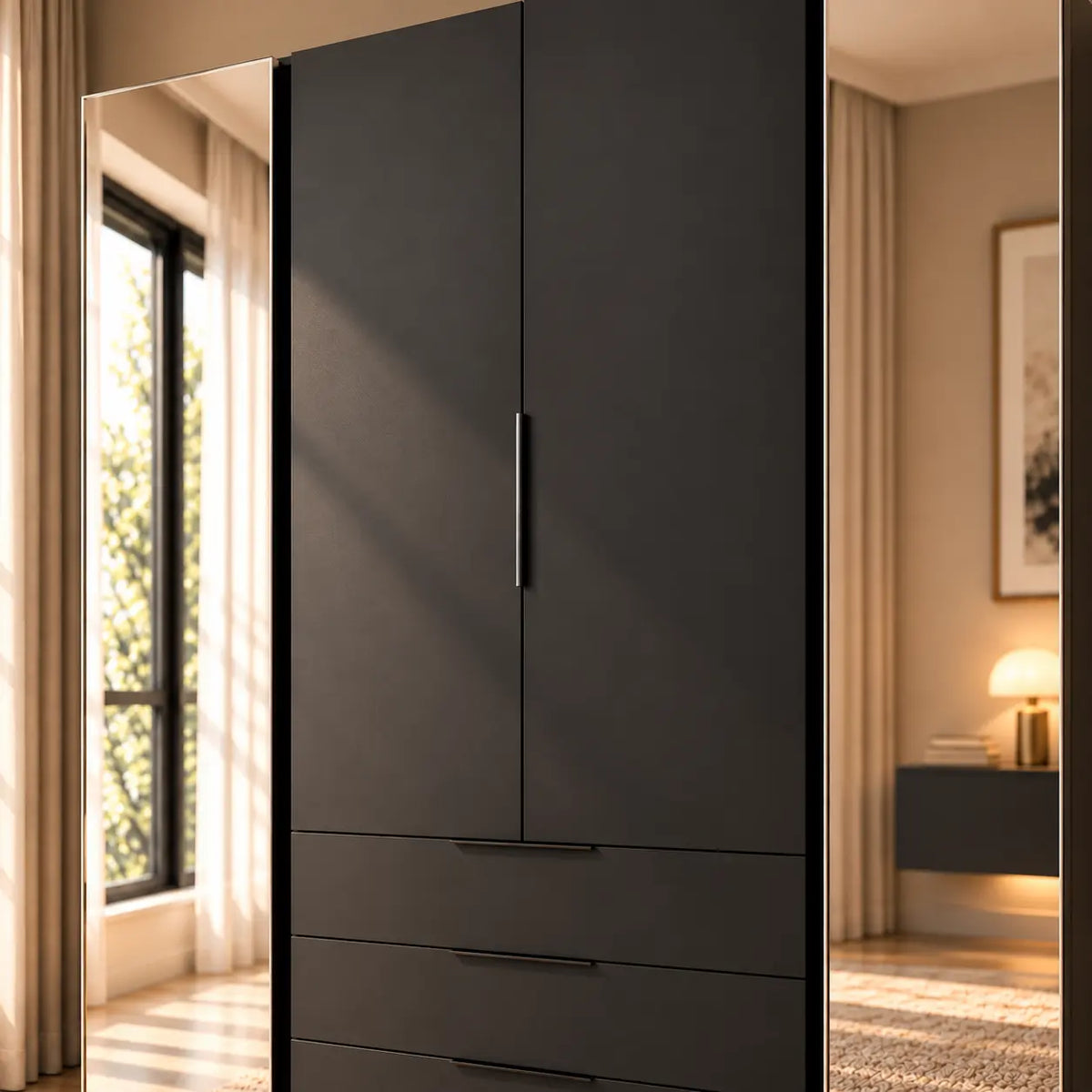Szafa MILLA 200cm Czarna z Lustrem – 4 Drzwi, 3 Szuflady i Cichy Domyk Milo Furniture