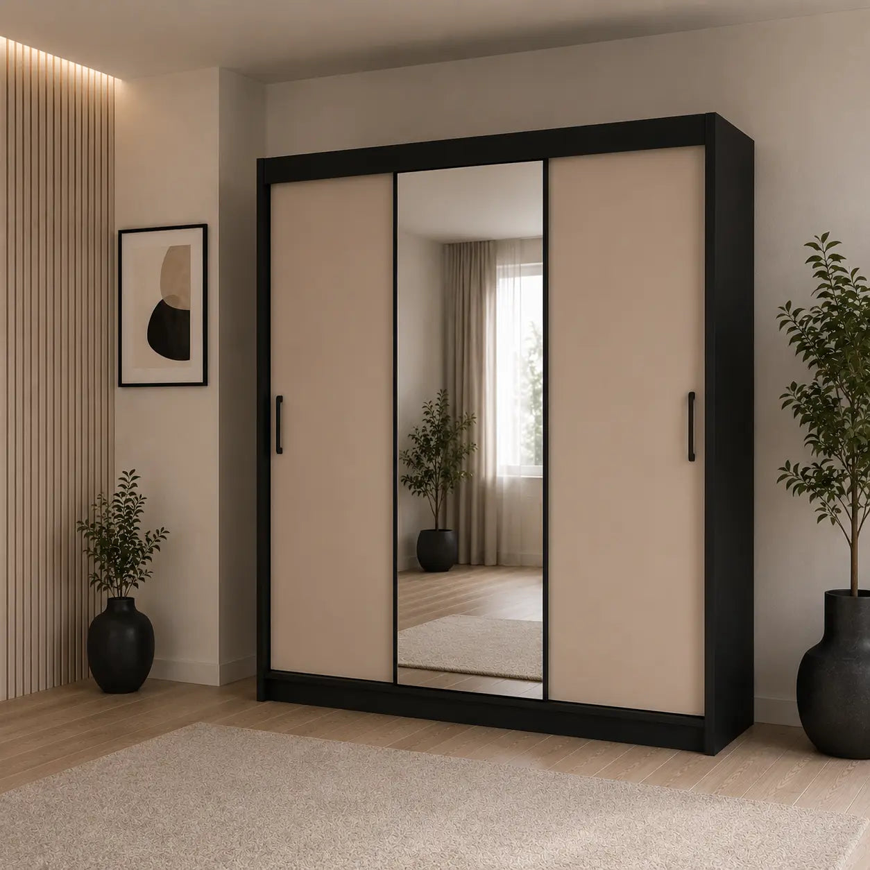 Szafa Przesuwna 180cm z Lustrem Kaszmir/Czarna - Nowoczesna Milo Furniture