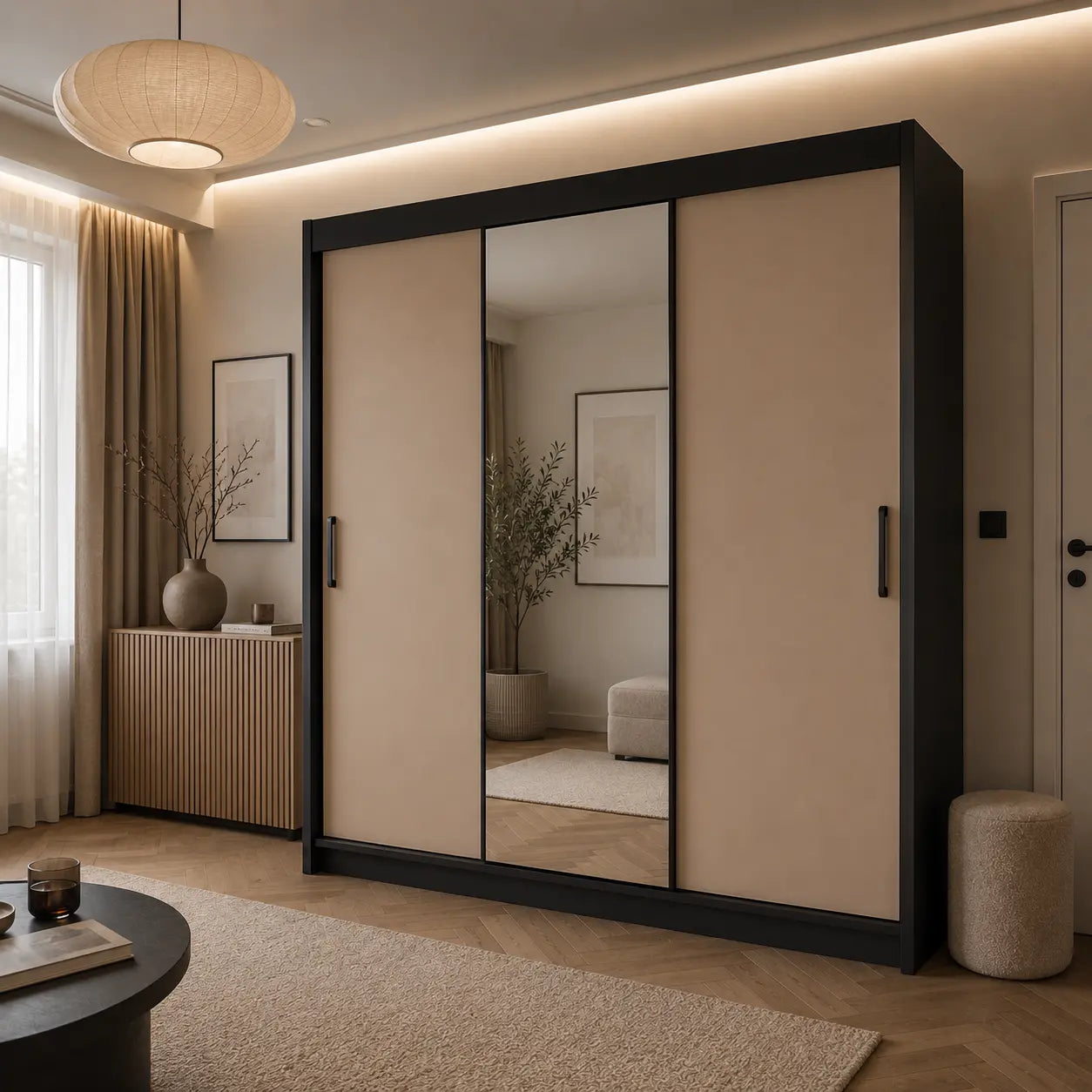 Szafa Przesuwna 180cm z Lustrem Kaszmir/Czarna - Nowoczesna Milo Furniture