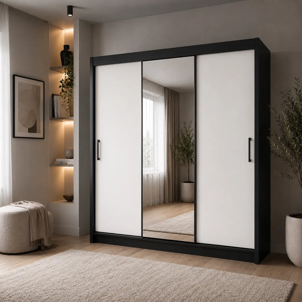Szafa Przesuwna 180 cm z Lustrem Biała/Czarna - TIO Milo Furniture