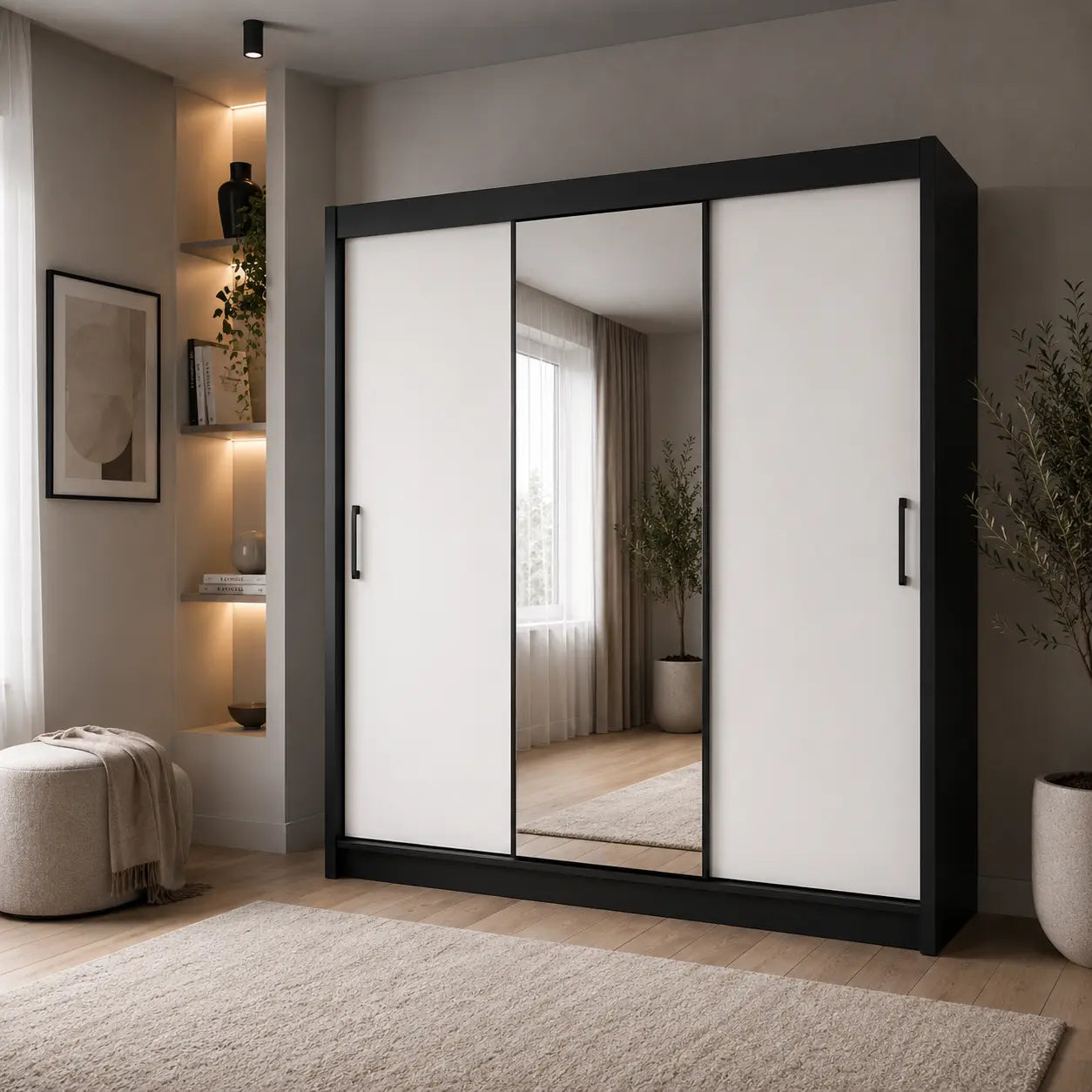 Szafa Przesuwna 180 cm z Lustrem Biała/Czarna - TIO Milo Furniture