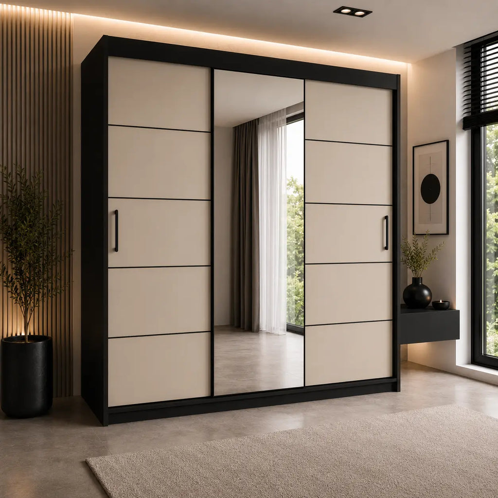 Szafa Przesuwna 180cm z Lustrem Kaszmir/Czarna - TIO Milo Furniture