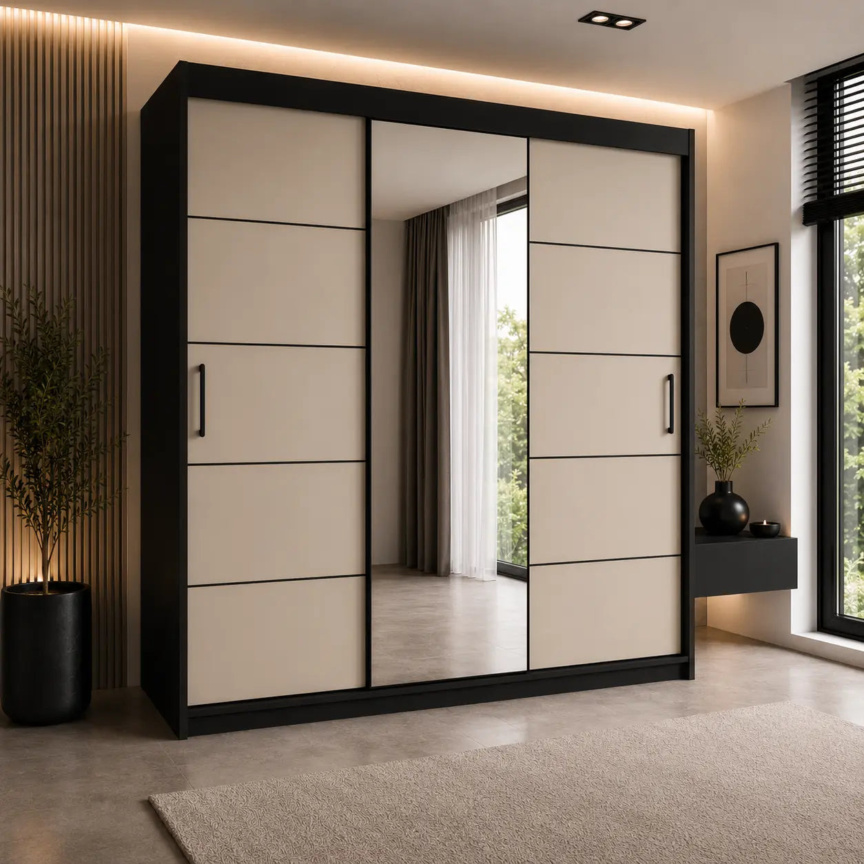 Szafa Przesuwna 180cm z Lustrem Kaszmir/Czarna - TIO Milo Furniture