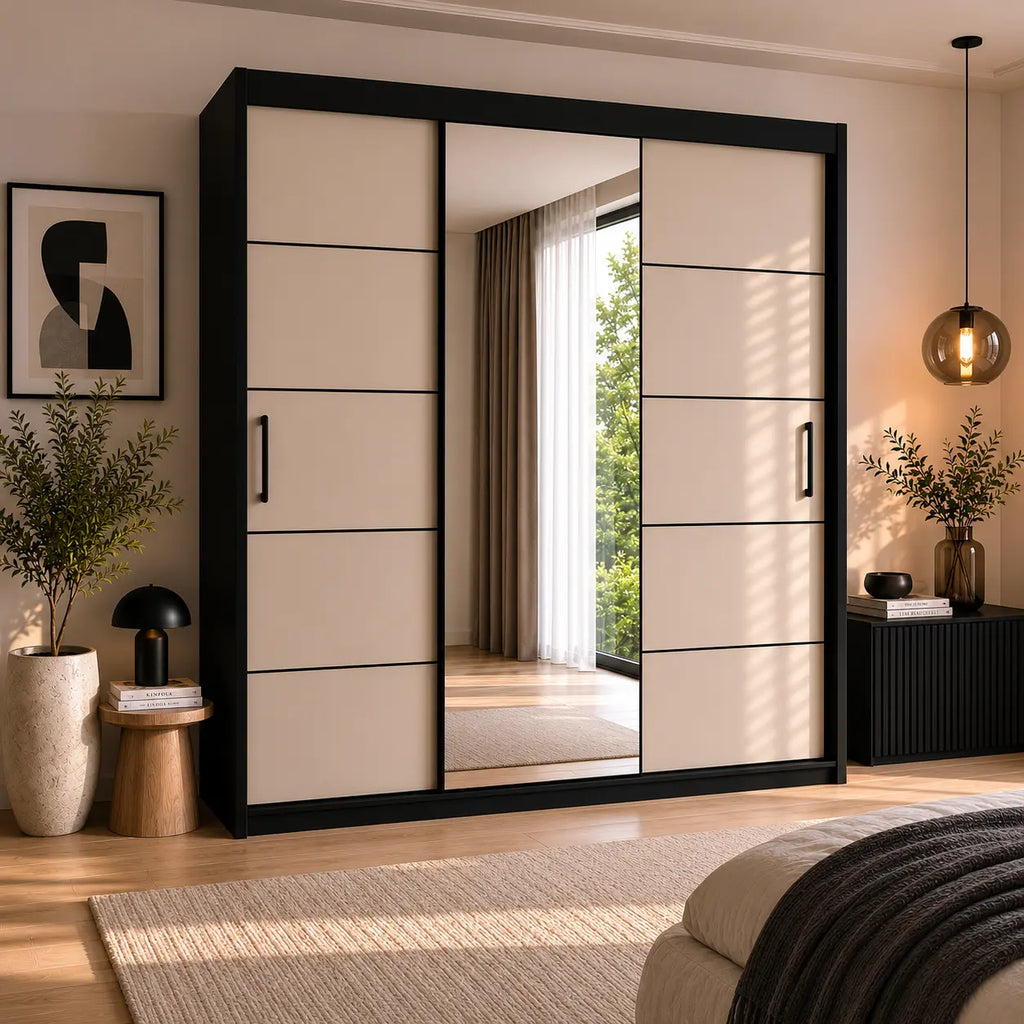Szafa Przesuwna 180cm z Lustrem Kaszmir/Czarna - TIO Milo Furniture