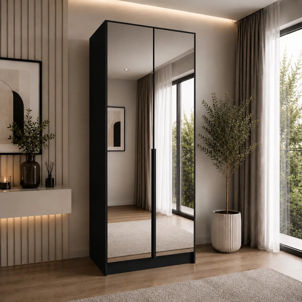 Szafa Uchylna 100cm z Lustrem Czarna MONA – Nowoczesna Garderoba Milo Furniture