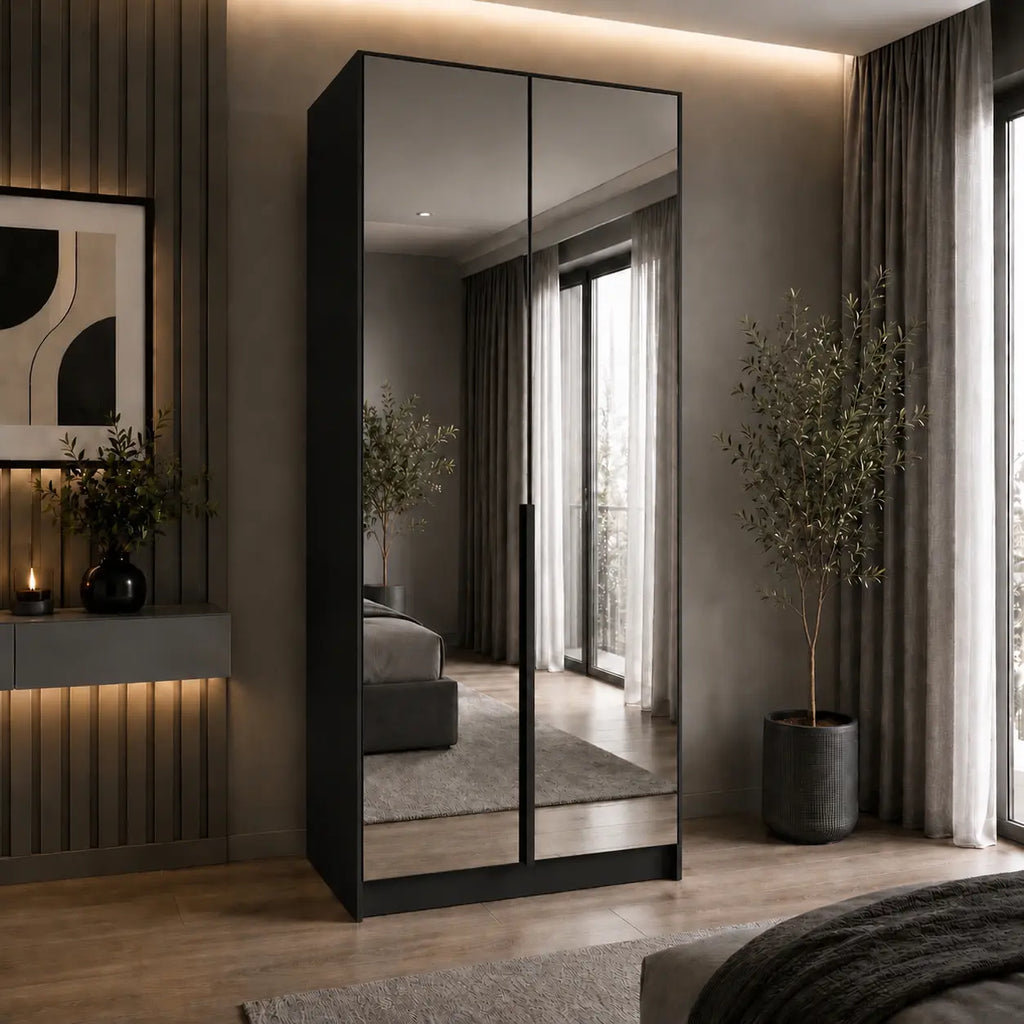 Szafa Uchylna 100cm z Lustrem Czarna MONA – Nowoczesna Garderoba Milo Furniture