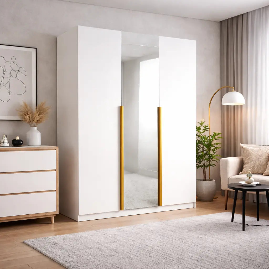 Szafa Uchylna 150cm 3-drzwiowa Biała z Lustrem – Garderoba Milo Furniture