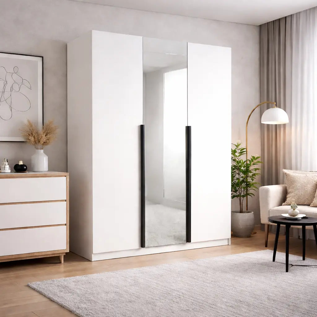 Szafa Uchylna 150cm 3-drzwiowa Biała z Lustrem – Garderoba Milo Furniture