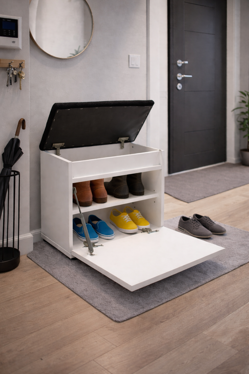 Biała szafka na buty z siedziskiem i schowkiem do przedpokoju Lumo