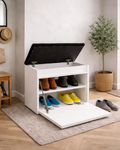 Biała szafka na buty z siedziskiem i schowkiem do przedpokoju Lumo