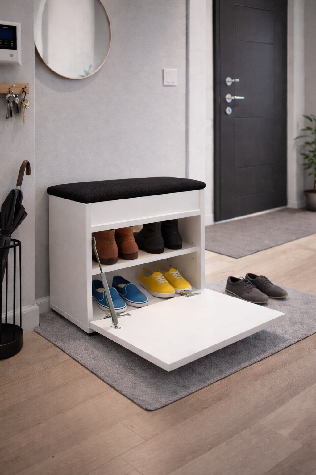 Biała szafka na buty z siedziskiem i schowkiem do przedpokoju Lumo