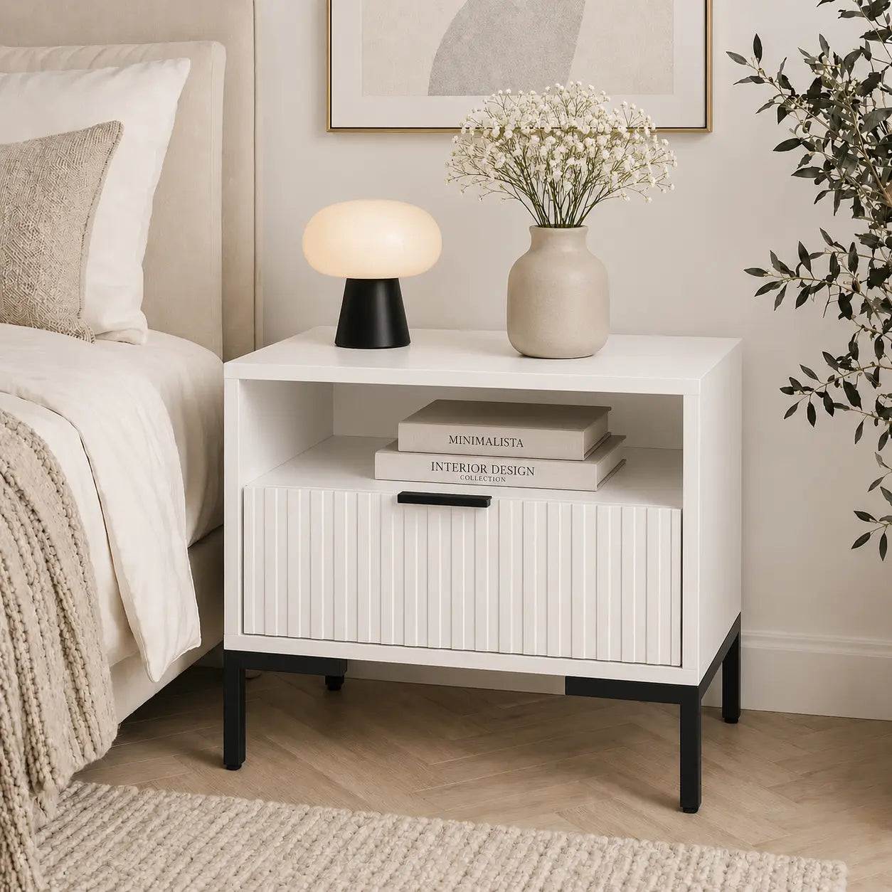 Szafka Nocna Biała Czarne Nogi Ryflowana z Szufladą 42cm Milo Furniture