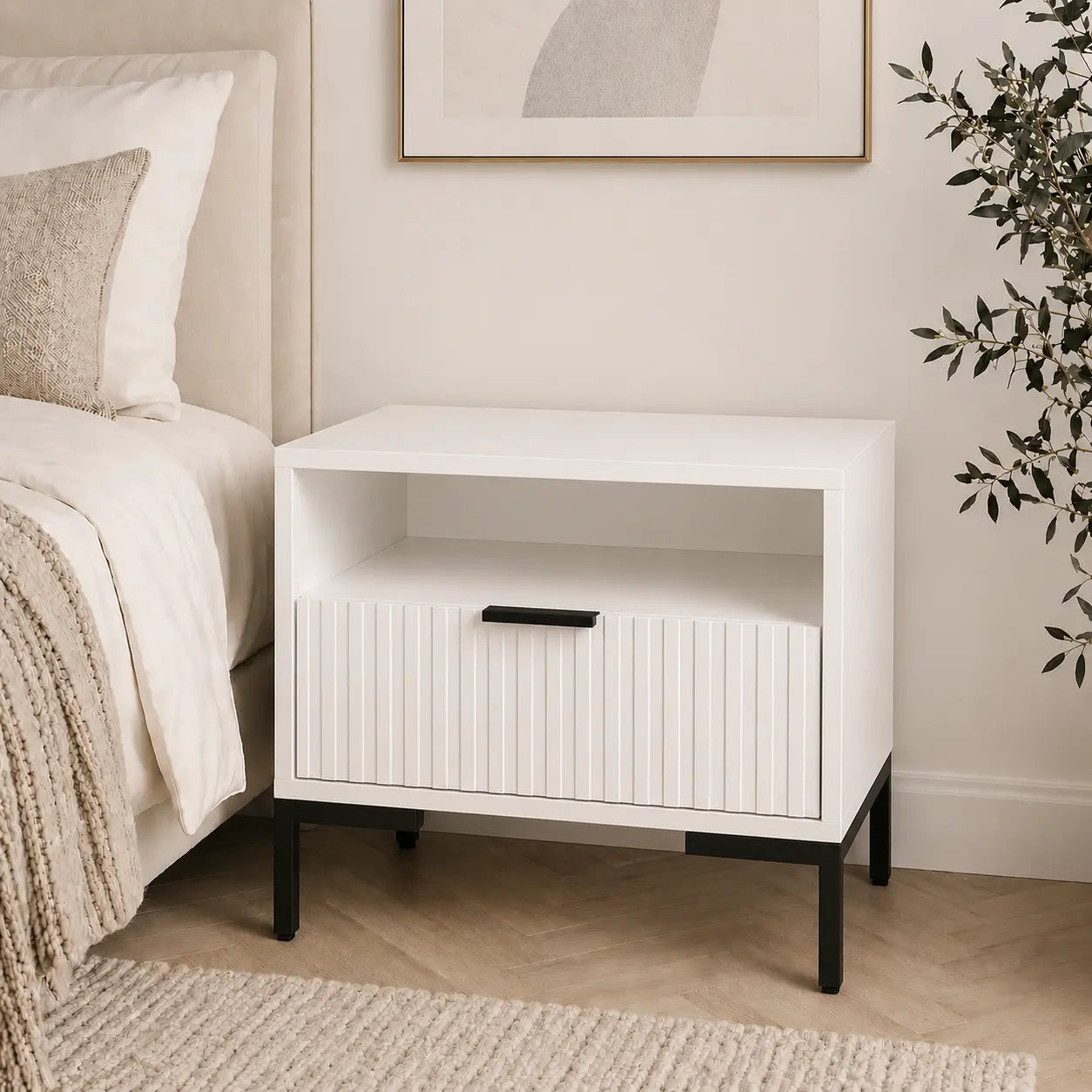 Szafka Nocna Biała Czarne Nogi Ryflowana z Szufladą 42cm Milo Furniture