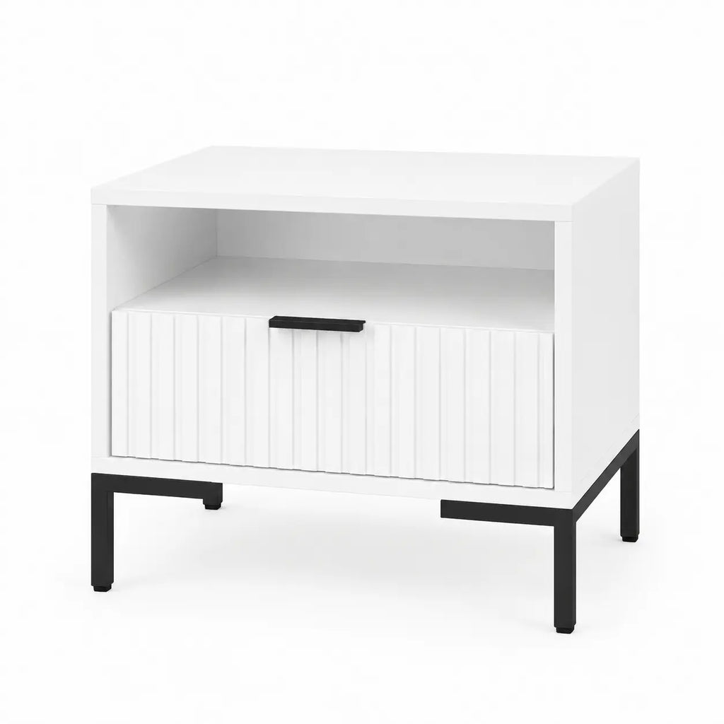 Szafka Nocna Biała Czarne Nogi Ryflowana z Szufladą 42cm Milo Furniture