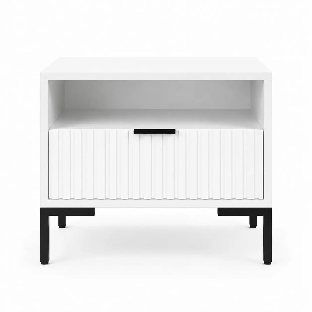 Szafka Nocna Biała Czarne Nogi Ryflowana z Szufladą 42cm Milo Furniture